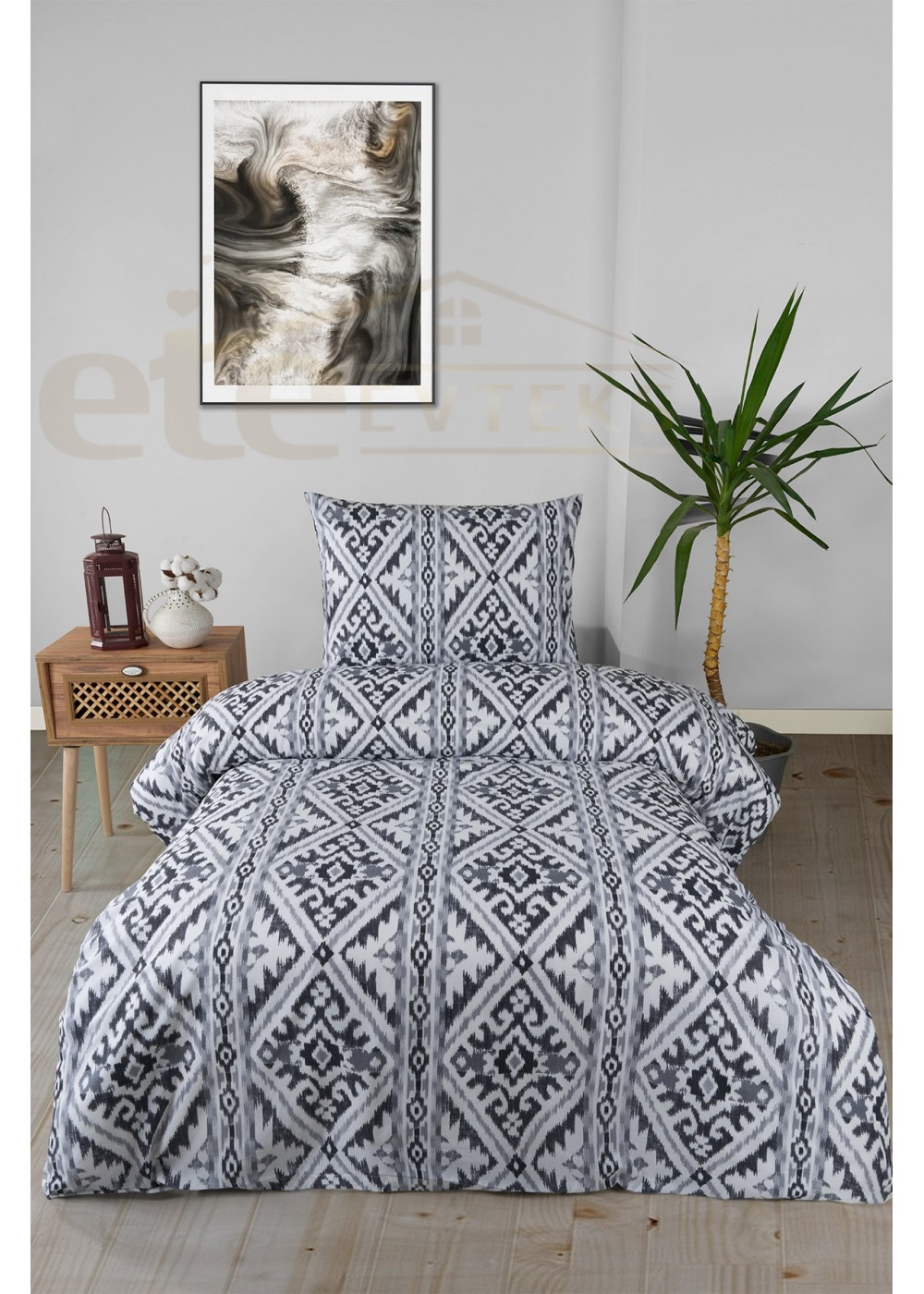 ETEHOMETEX Tek Kişilik Ranforce Pamuklu Lastikli Çarşaflı Nevresim Takımı RUG GRİ 8696474232047